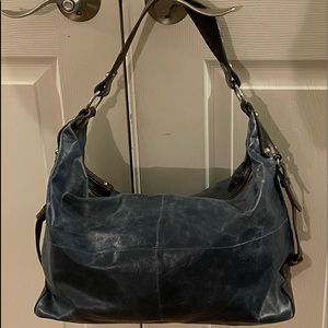 Tano Blue Distressed Leather Buckle Hobo Slouchy Shoulder Bag Lg.